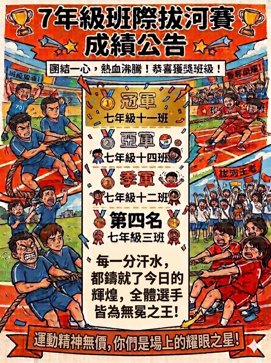 7年級班際拔河比賽成績公告